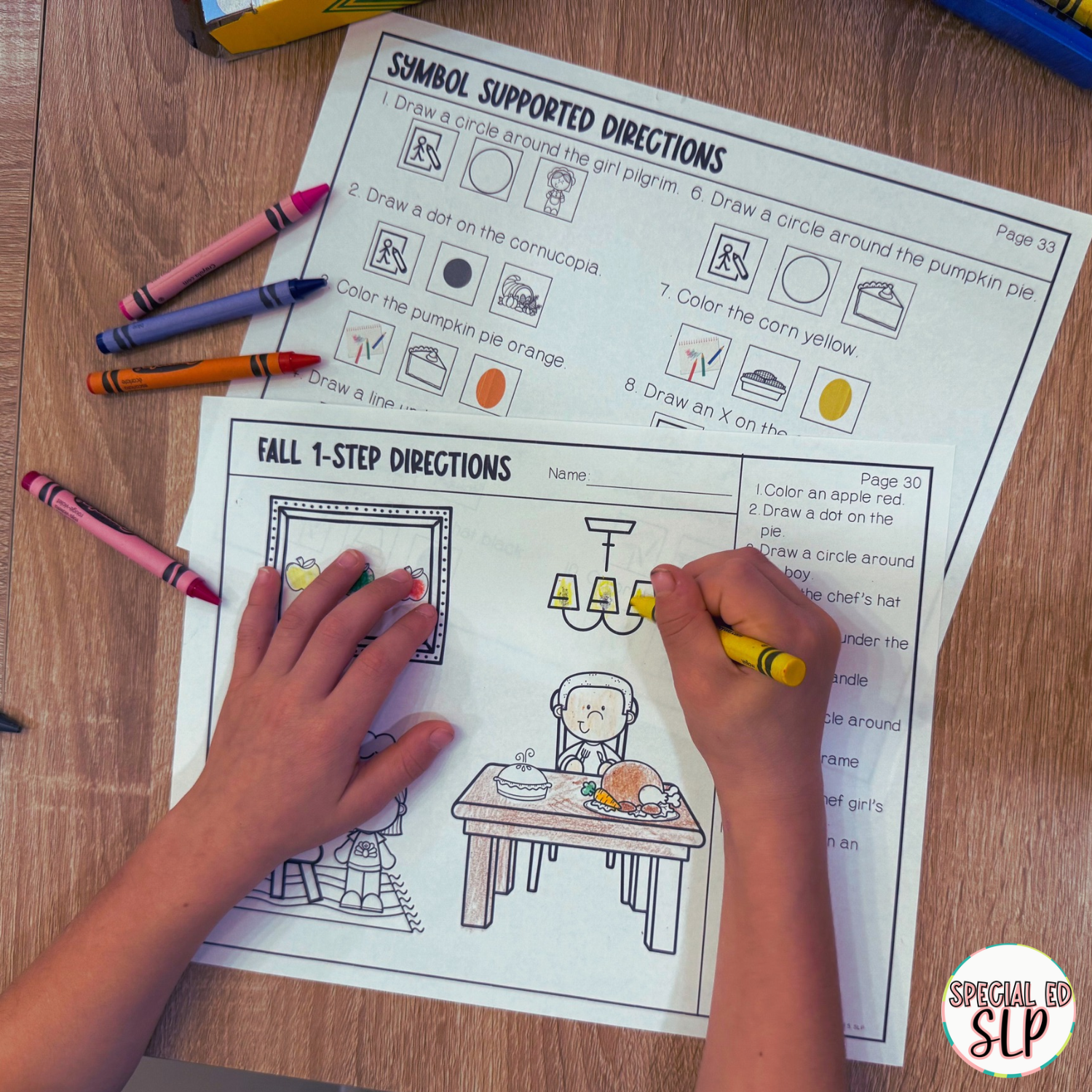 Fall Themed speech therapy language concepts for following directions with fall coloring pages. Visuals for autism. Simple 1-2 step directions for speech therapy.