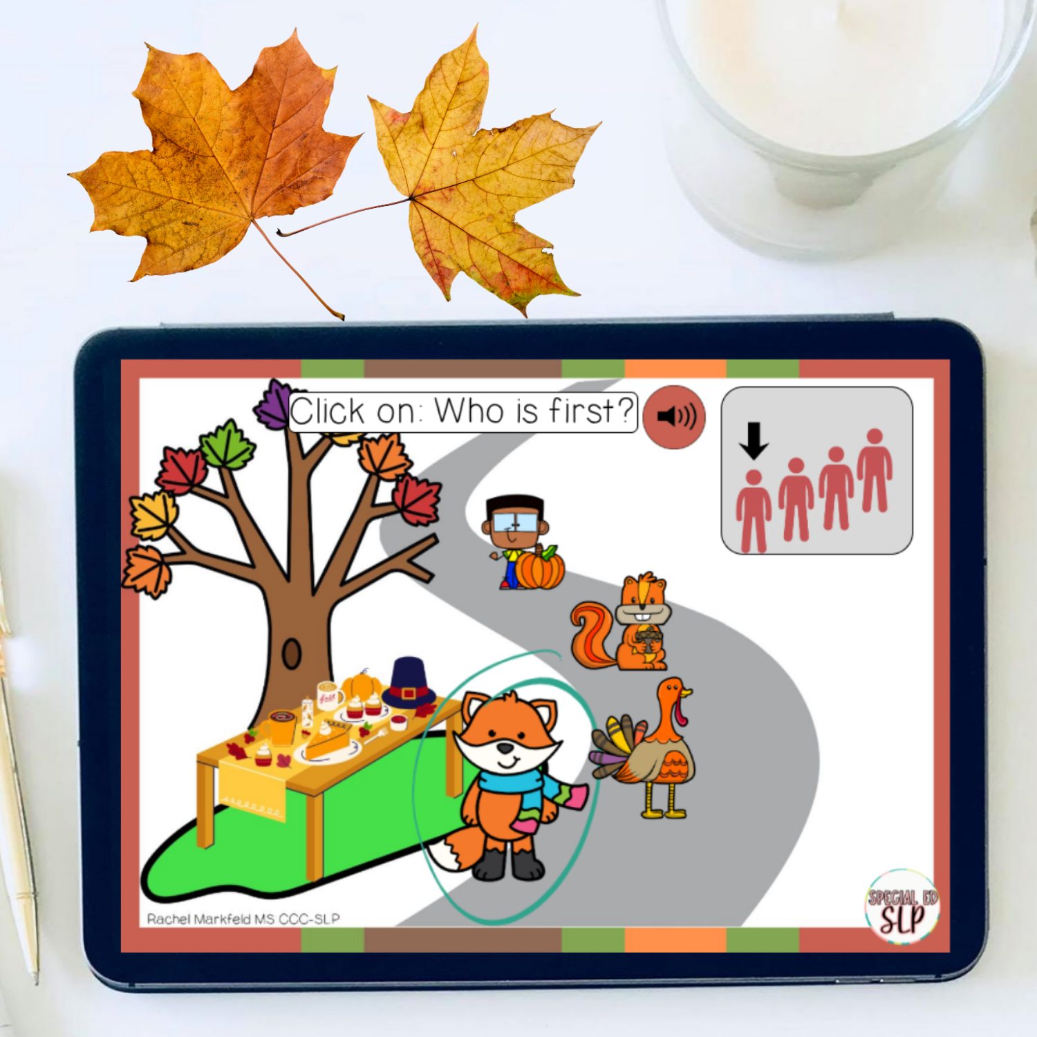 Free Fall Themed Speech therapy activity with temporal concepts first and last and visuals for autism