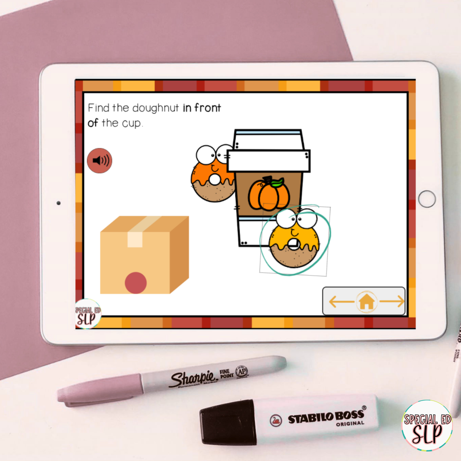 Fall themed Prepositions for speech therapy digital task cards on Boom Cards.