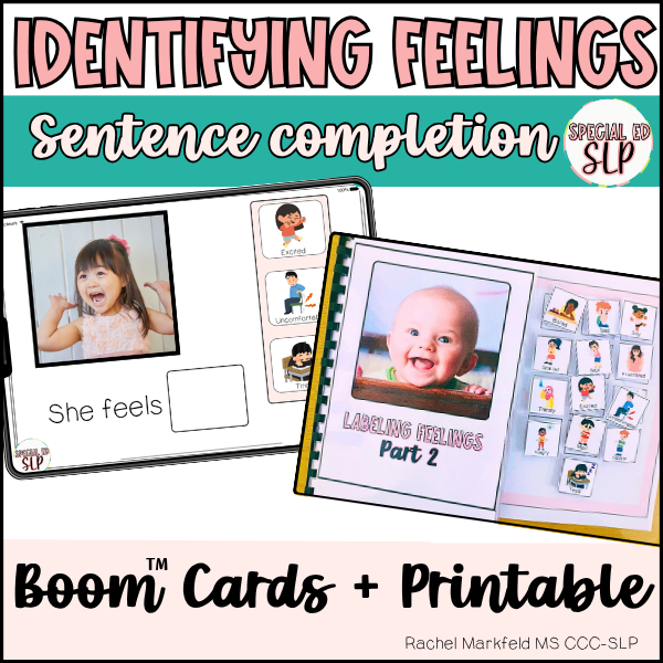 Identify Feelings Activity for Carrier Phrases Boom™ Cards and Printable Interactive and adapted books for Speech Therapy. Digital resource Boom™ Cards for speech therapy to target identifying and express emotions and feelings with sentence completio
