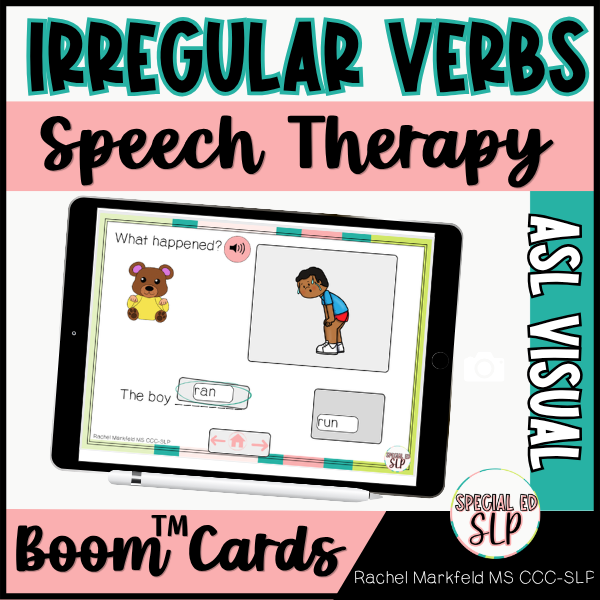 Irregular Past Tense Verbs in Sentences Speech Therapy Boom Cards with ASL Visual for wh questions. Help your students master grammar with irregular past tense verbs pictures with Boom cards for speech therapy, deaf education, and language interventi