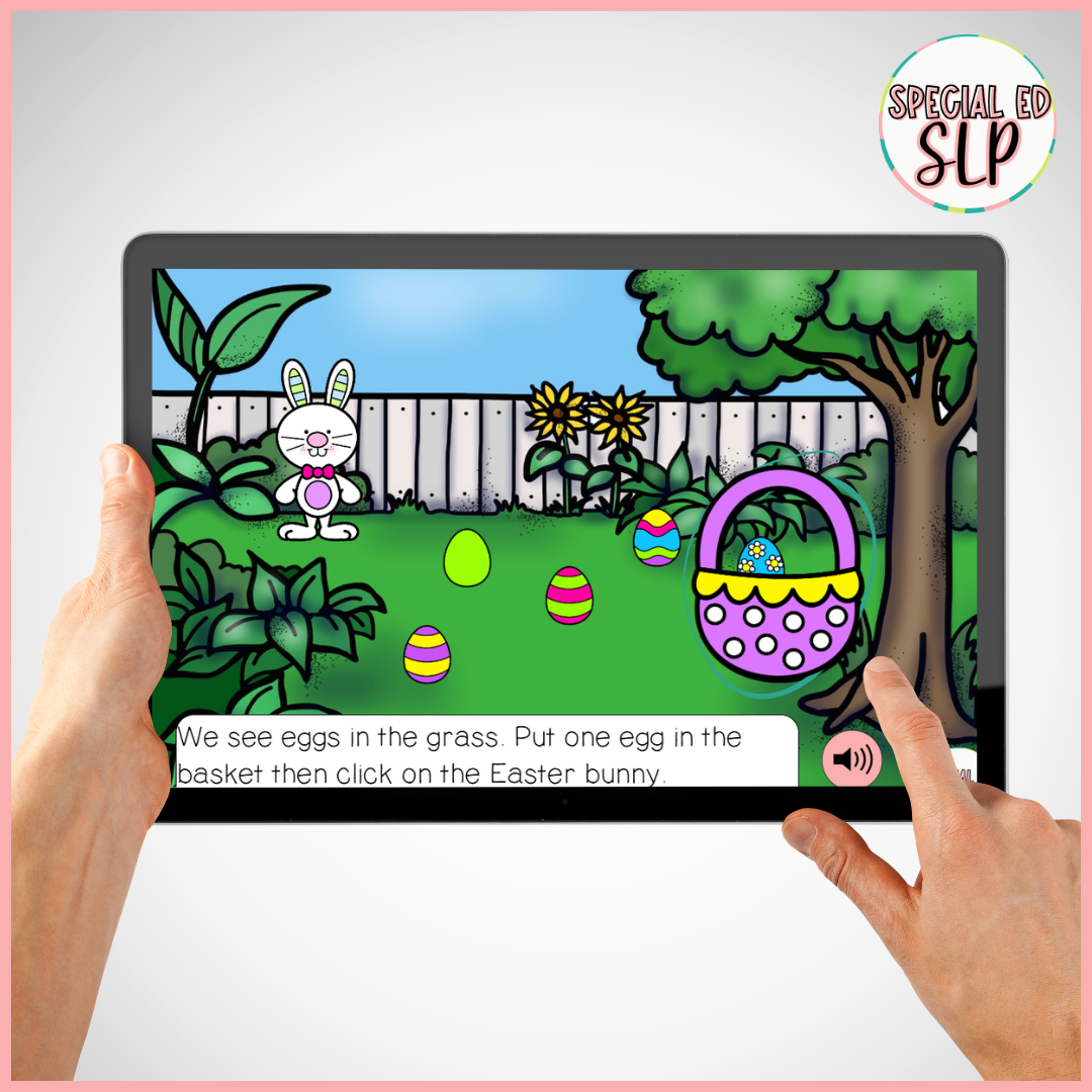 Easter speech therapy boom cards. Story with embedded speech therapy concepts. Early language concepts, autism, spatial concepts, big vs small. Quantitative concepts.