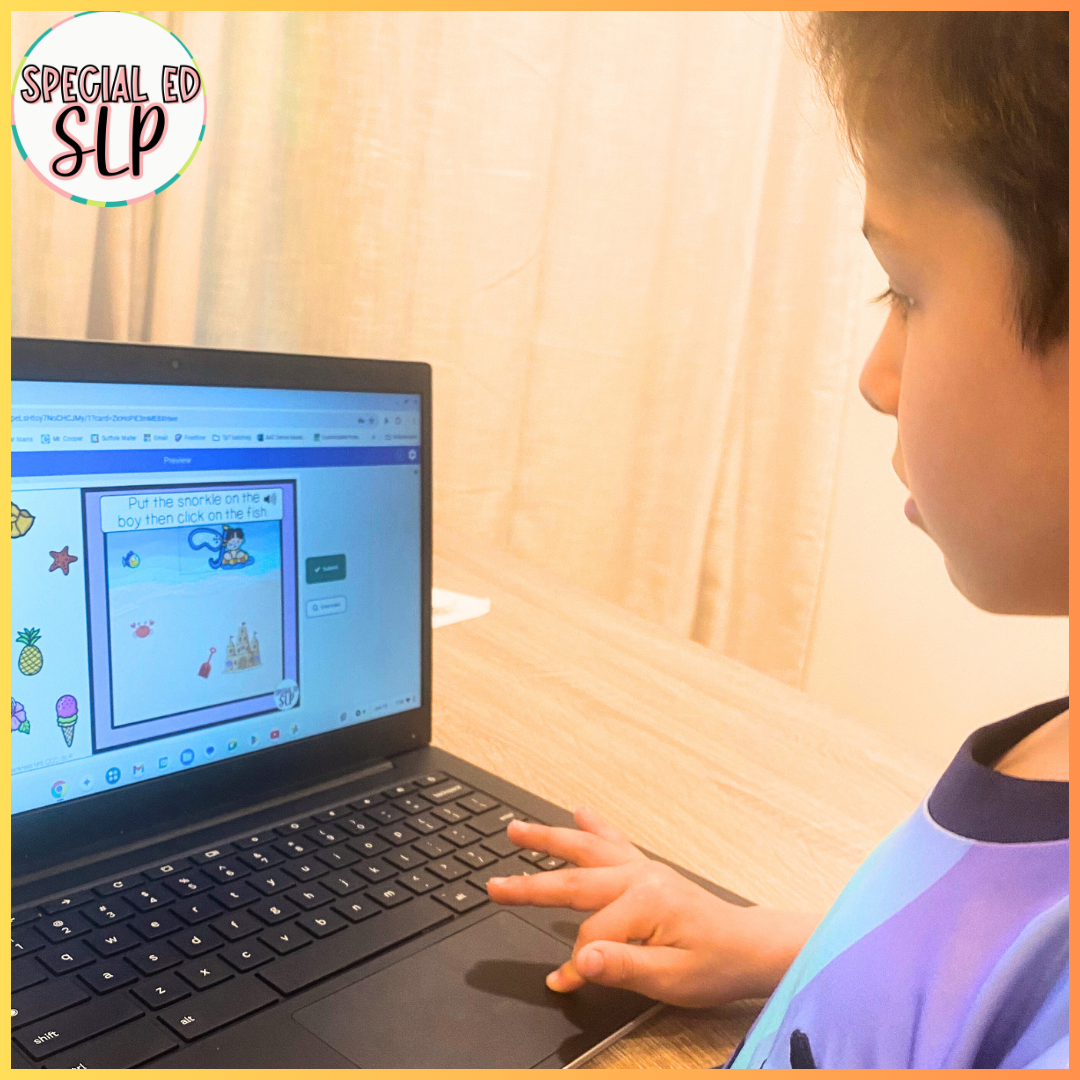 Child using boom cards in speech therapy for language concepts of listening comprehension for following 2 step directions summer themed