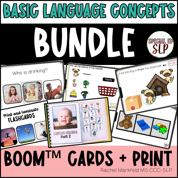 Receptive and expressive language concepts bundle for speech therapy. Targeting vocabulary flashcards, actions, verbs, feelings, descriptive words, WH questions, sentence completion, carrier phrases, prepositions, spatial concepts with digital/print