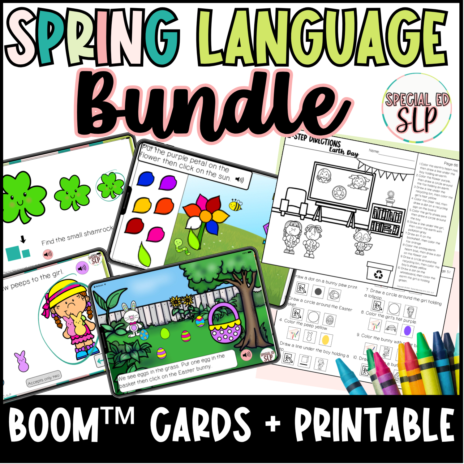 spring speech therapy boom cards and speech therapy worksheets with visuals for aac visuals. Story with embedded speech therapy concepts. Early language concepts, autism, spatial concepts, big vs small. Quantitative concepts.