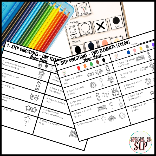 Winter and New Year-themed step-by-step direction worksheets for early learners and special education. Includes one-step and two-element instructions with visual supports for color and shape identification.