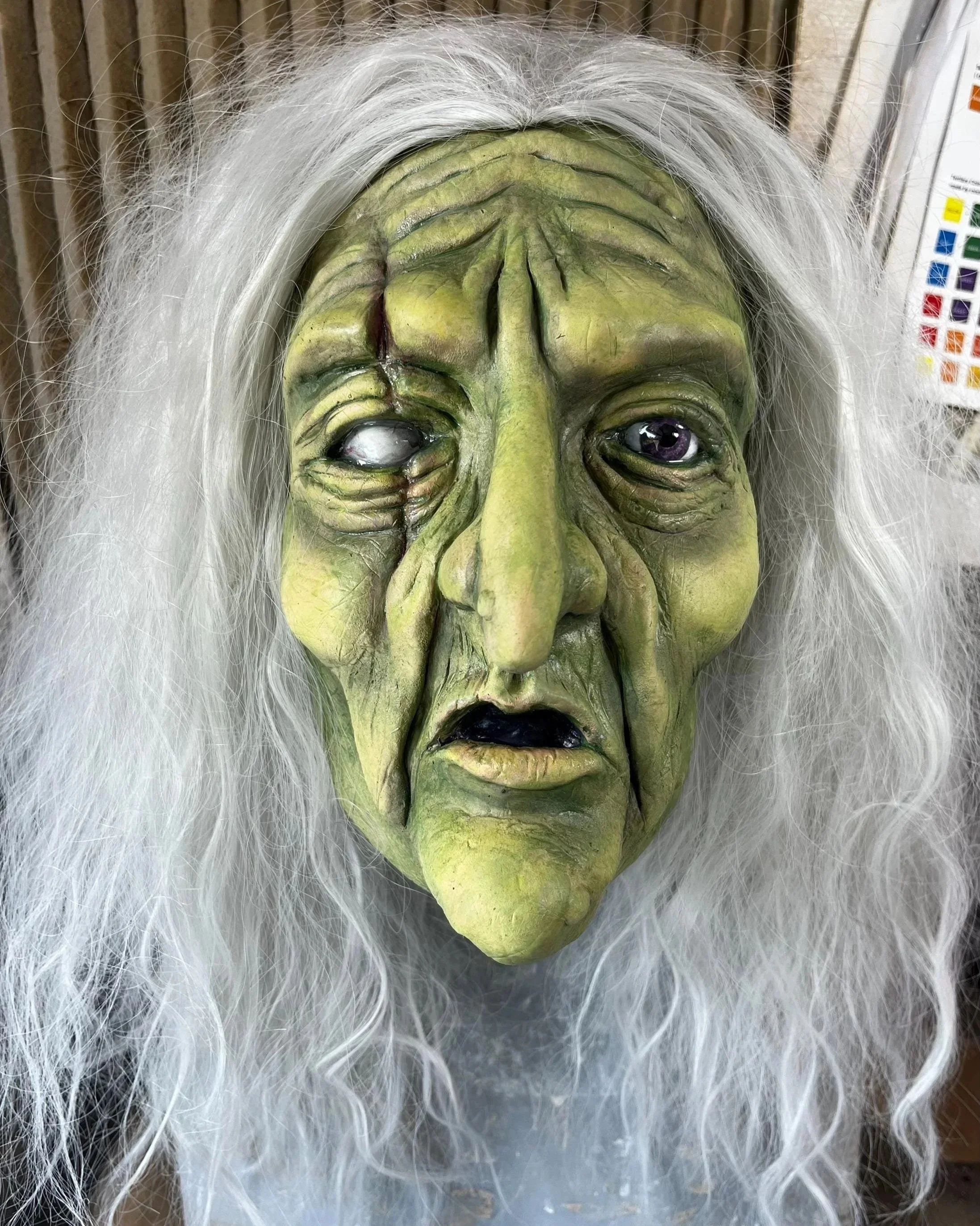 A witch or goblin mask with green, wrinkled skin, long white hair, and one eye looking straight while the other eye is cloudy. The mask has a long nose and black lips, giving a spooky appearance.