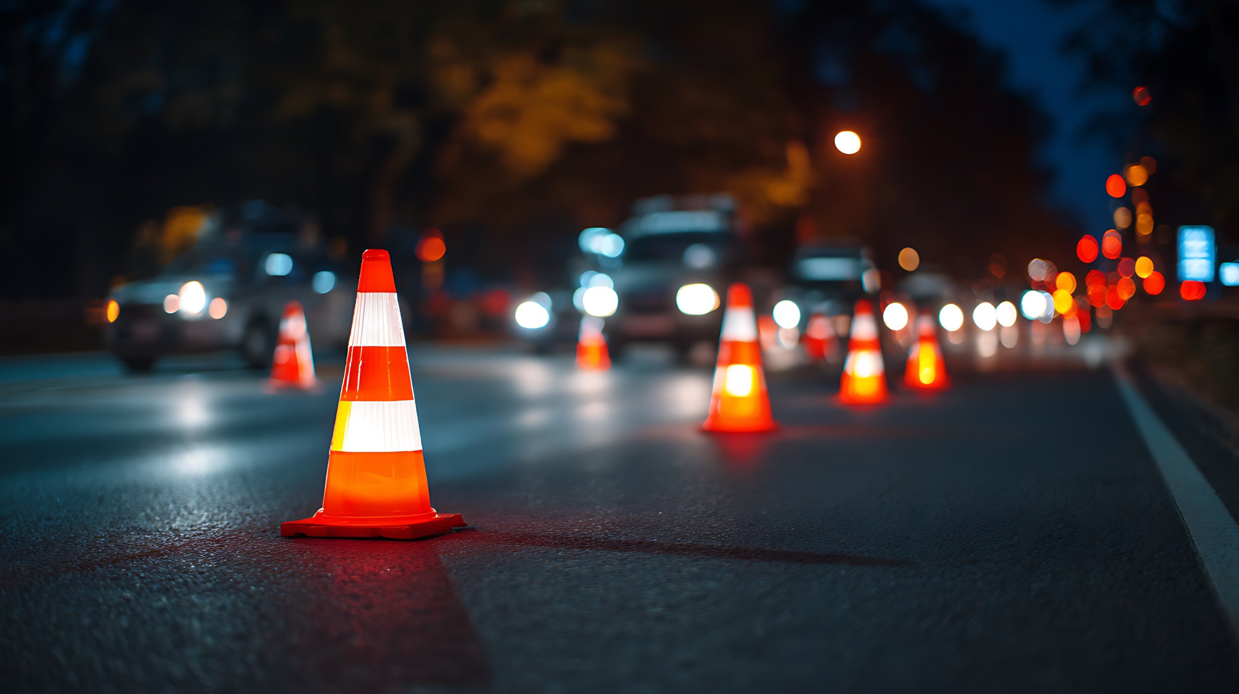 street cones setup at night for a DUI checkpoint