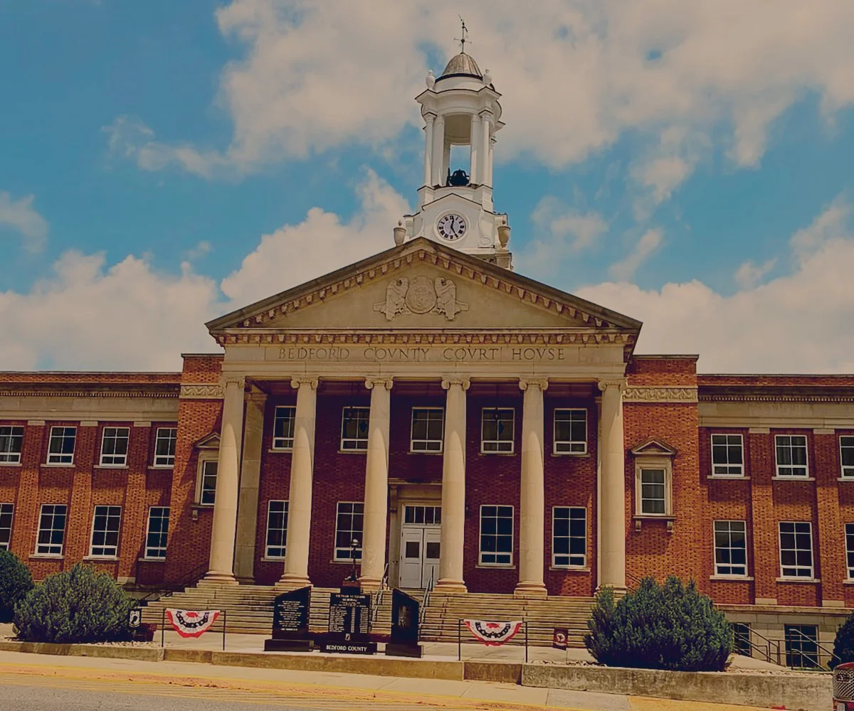 Front of the Bedford County Virginia Courthouse again blue sky.