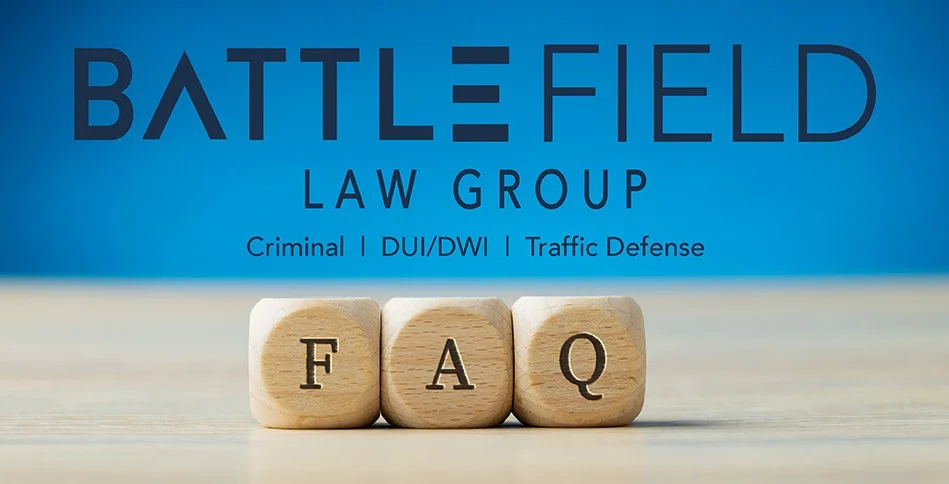 wooden cubes spell out FAQ against a blue background with Battlefield Law Group logo and practice areas above the cubes