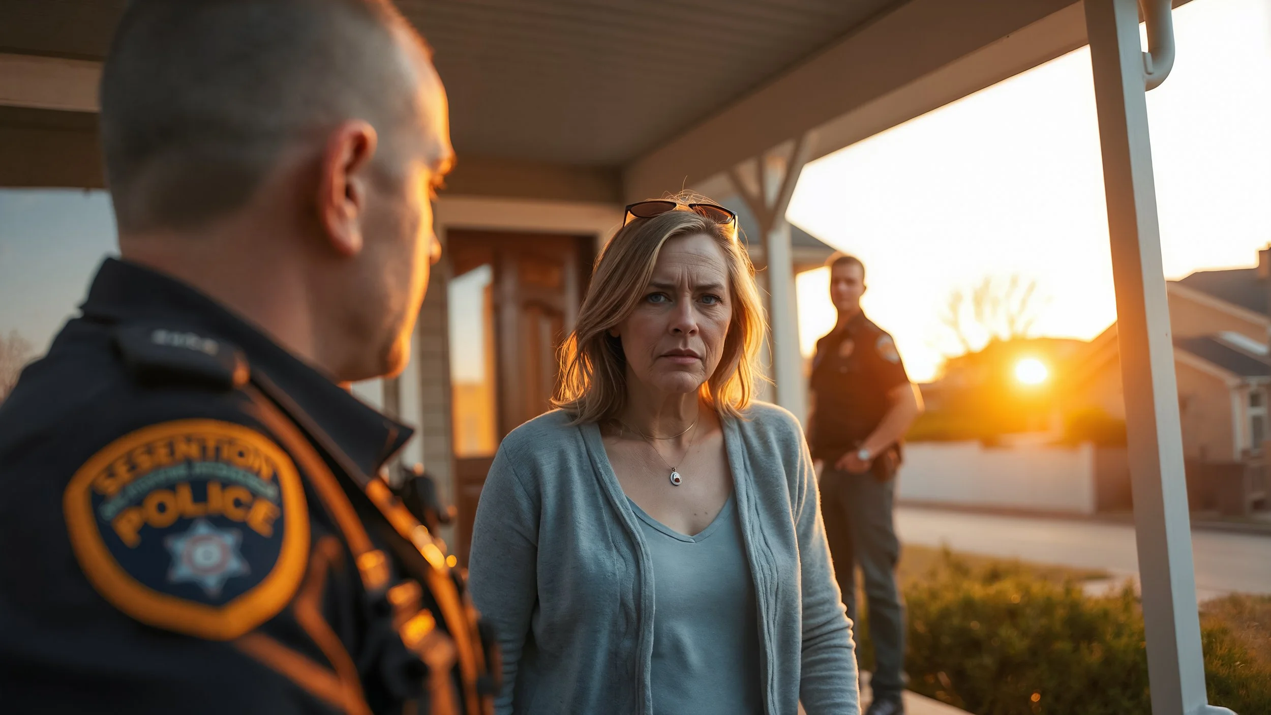 Police officers at a woman's home with the sun going down