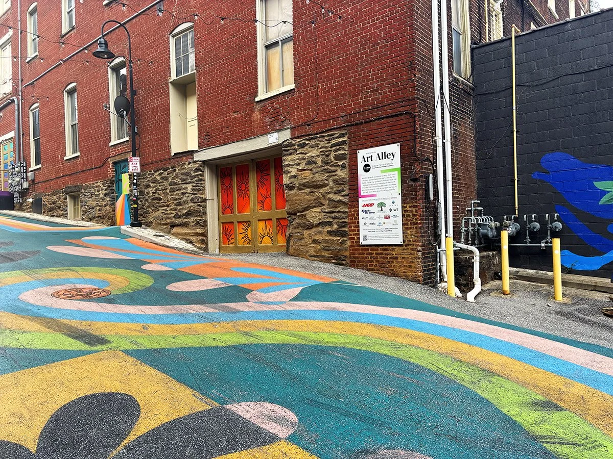 street view of downtown Lynchburg, VA art alley with murals on brick buildings