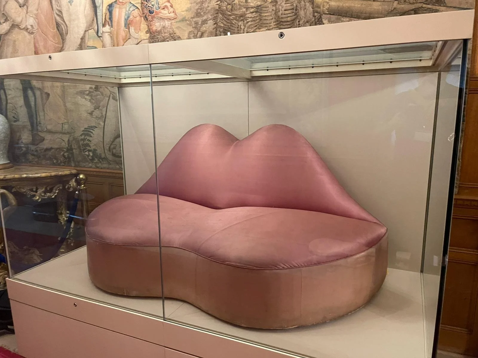 Pink velvet chaise lounge chair with a smooth, curved shape, displayed inside a glass display case.