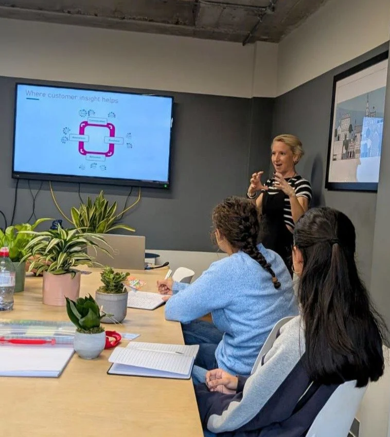 A woman giving a presentation to three women seated at a conference table. The presenter is gesturing with her hands, and a screen behind her displays a diagram titled 'Where customer insight helps.' The conference room has gray walls, and the table has notebooks, a water bottle, and potted plants on it.