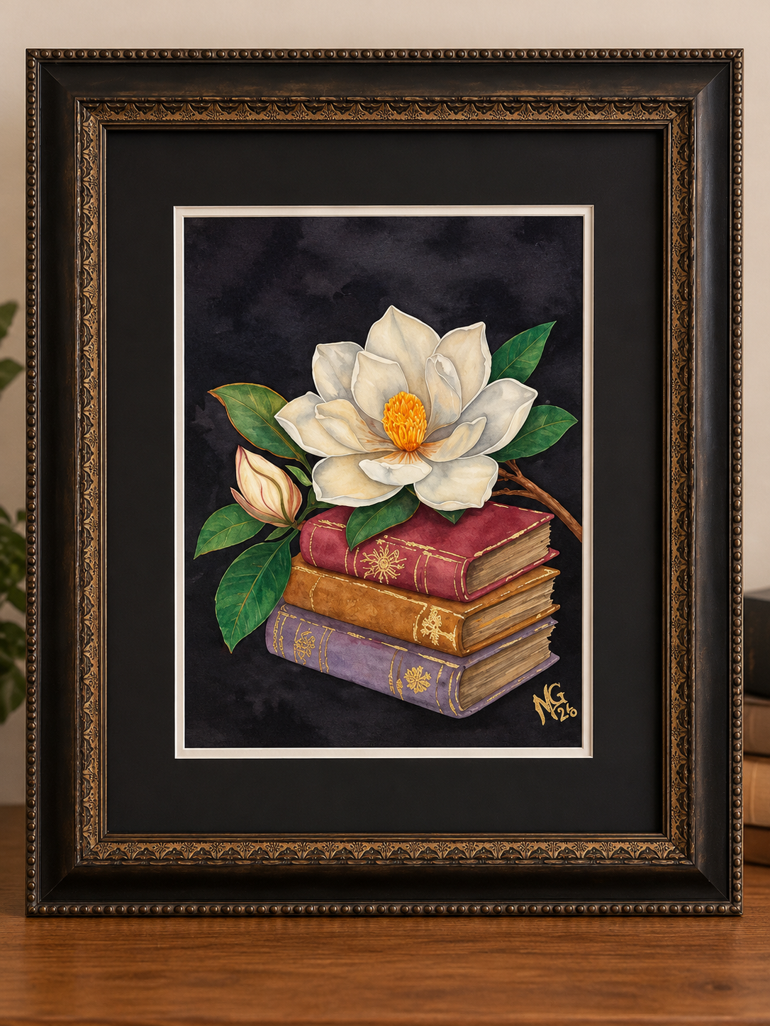 Framed Magnolia and Gilded Books.png