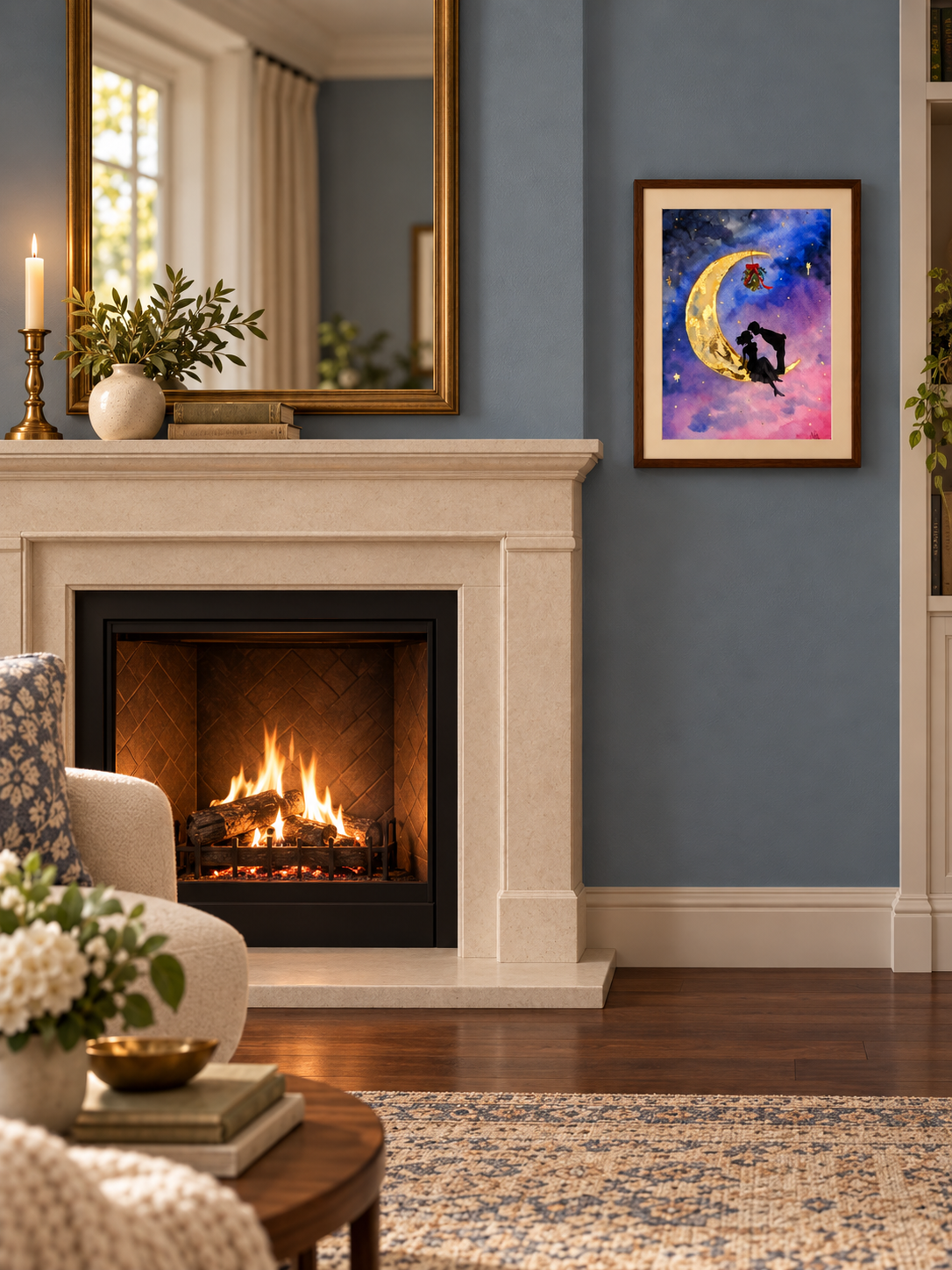 Small Fireplace with Framed Watercolor.png