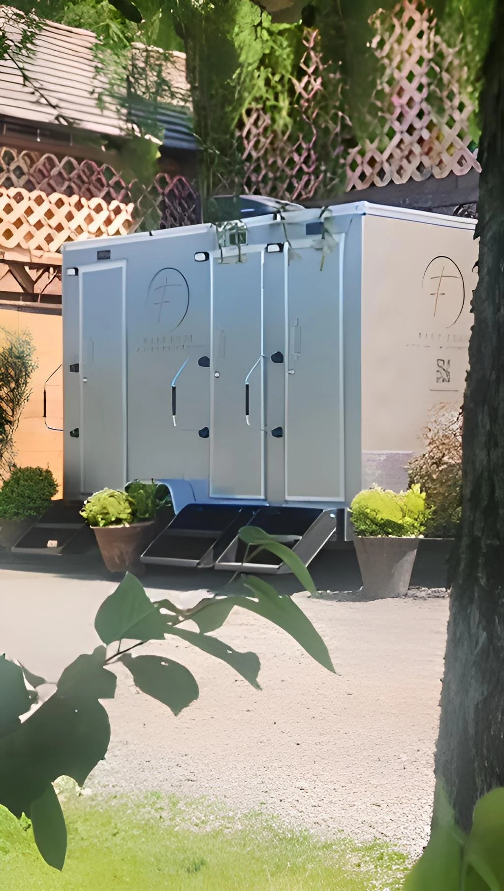 Foxy Loos luxury portable restroom trailer setup at a wedding venue in Hood River, OR.