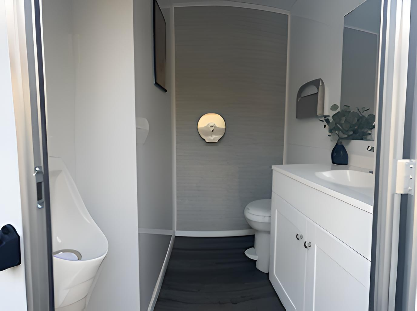 Interior of a compact modern bathroom with a toilet, a small sink with a white cabinet, a mirror, and a decorative vase with greenery.