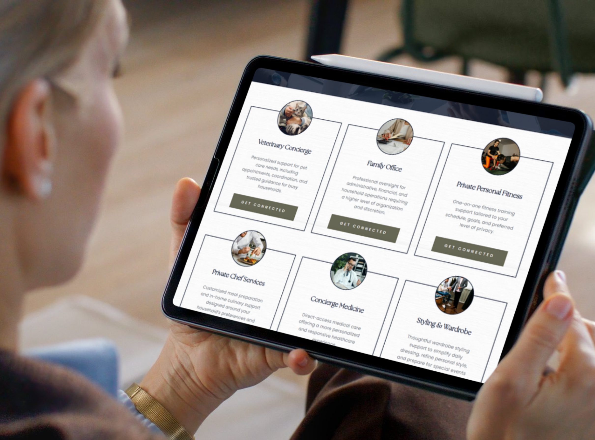 woman browsing curated vendor recommendations on tablet