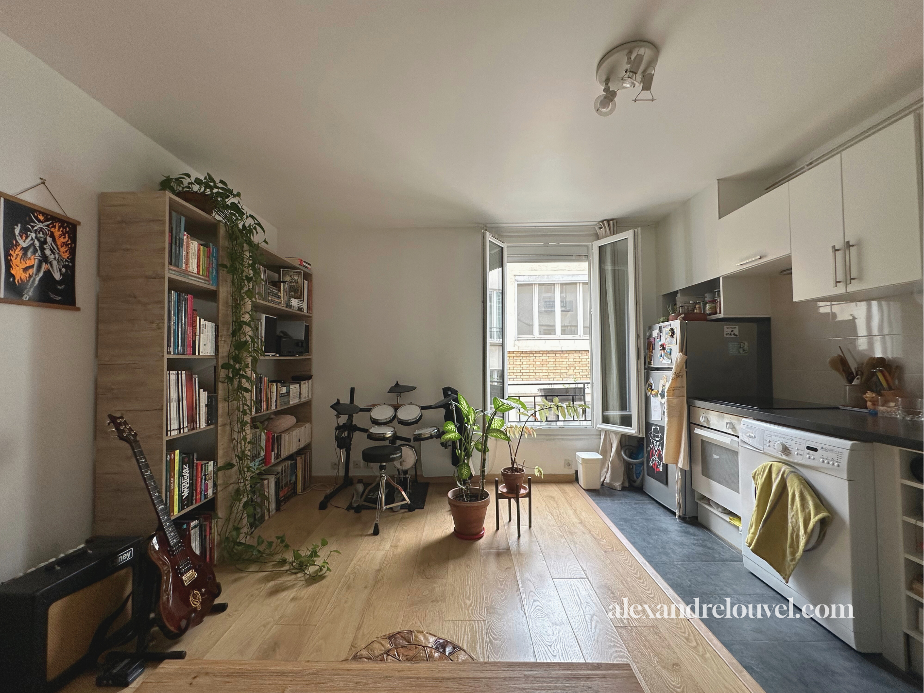 Appartement avec une bibliothèque, guitare, batterie, cuisine, auvent et plantes