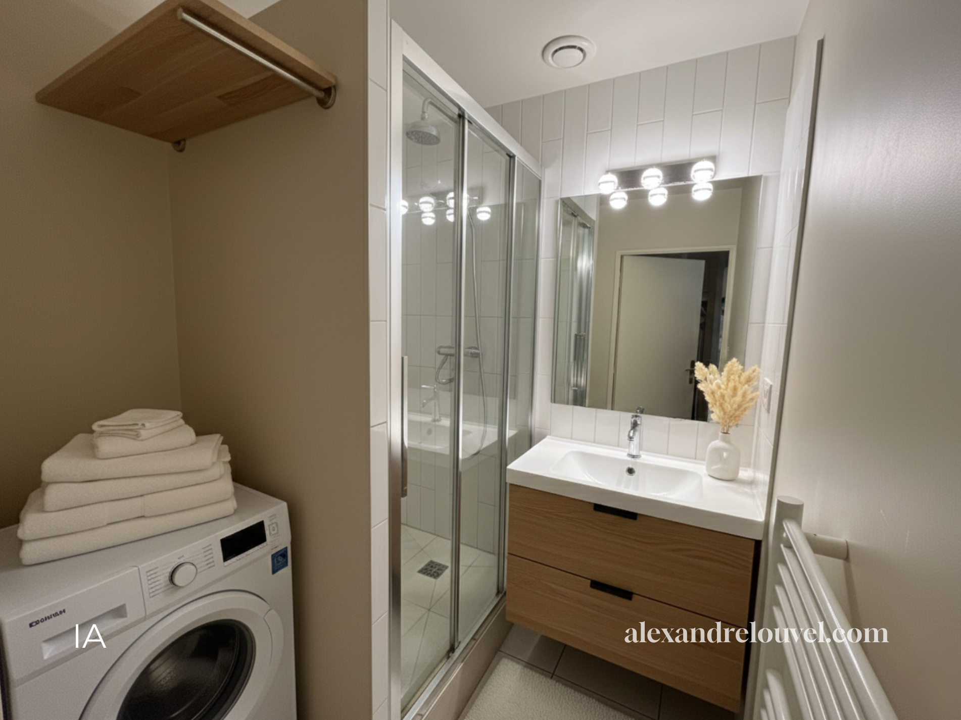 Salle de bain avec douche, miroir, lavabo avec meuble en bois, vase avec fleurs séchées, machine à laver et étagère en bois au plafond.