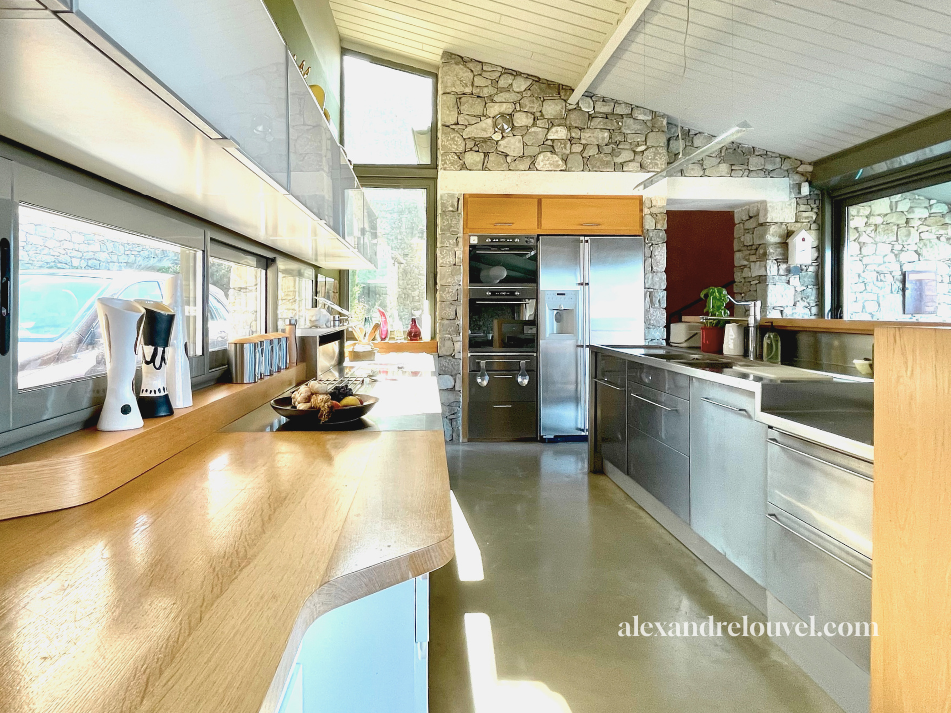 Cuisine moderne avec comptoir en bois, appareils en acier inoxydable, mur en pierre, grande fenêtre, et plantes décoratives.