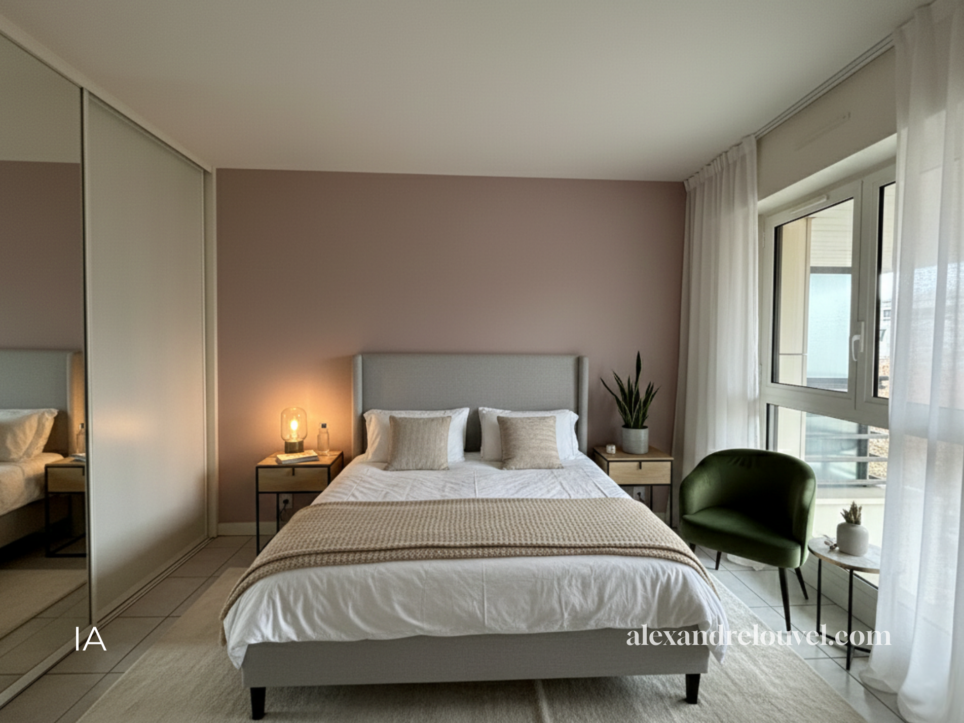 Chambre moderne avec lit double, deux tables de chevet, lampes, plantes, fauteuil vert, grande fenêtre avec rideaux blancs.