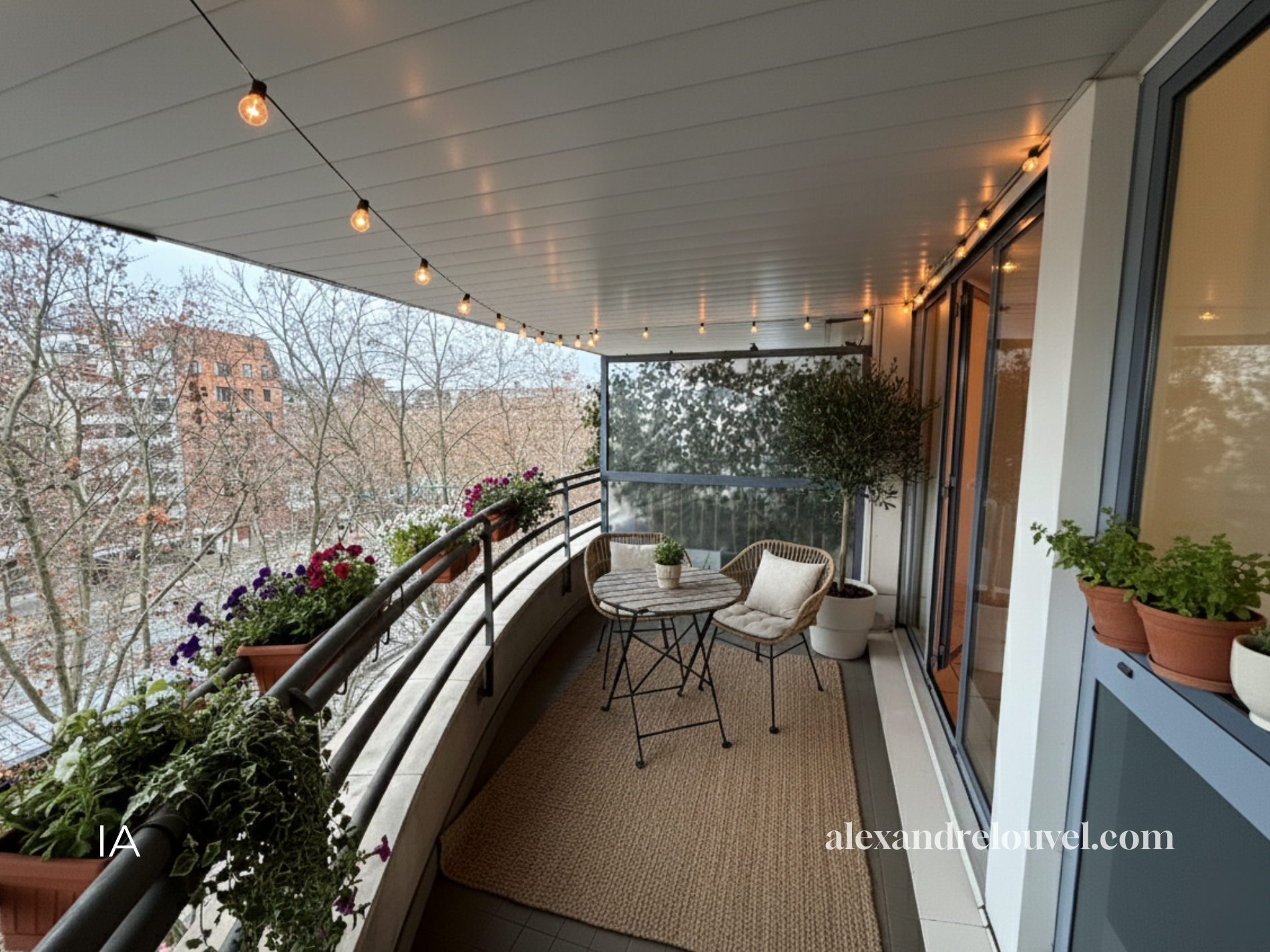 Balcon avec table, chaises, plantes en pots, et guirlandes lumineuses
