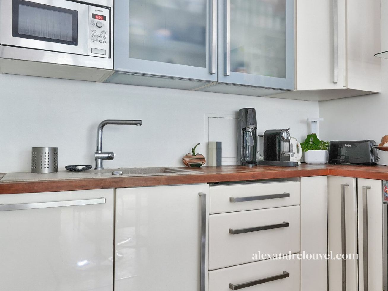 Cuisine moderne avec un évier, un micro-ondes, une machine à café, un grille-pain, une plante en pot et divers appareils électroménagers sur le comptoir.