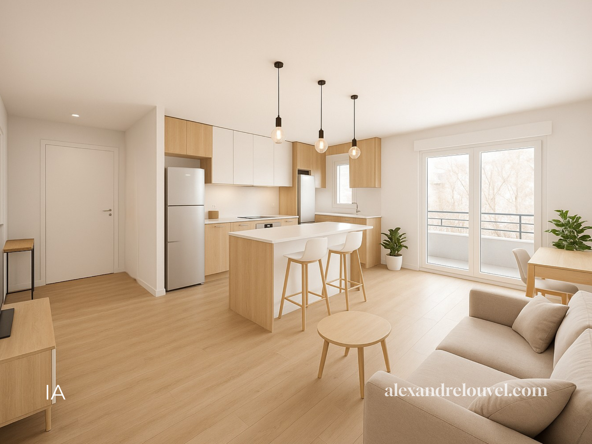 Vue d'ensemble d'un salon et cuisine modernes avec mobilier en bois clair, mobilier blanc, canapé beige, table ronde en bois, pendants lumineux et grande fenêtre donnant sur un balcon.