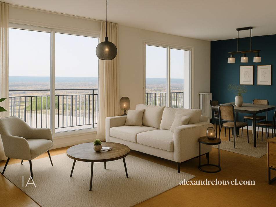 Salon avec canapé blanc, fauteuil beige, tableau avec trois dessins, table basse ronde, vue sur un paysage par grandes fenêtres