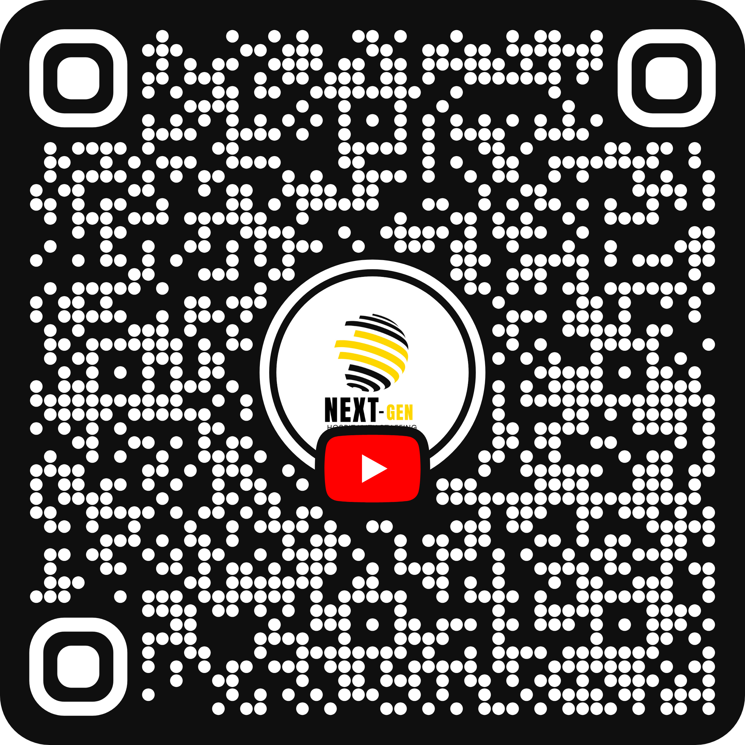 A QR code with the NextGen Hospitality Engineering logo in the center, featuring a stylized globe and a red YouTube play button.