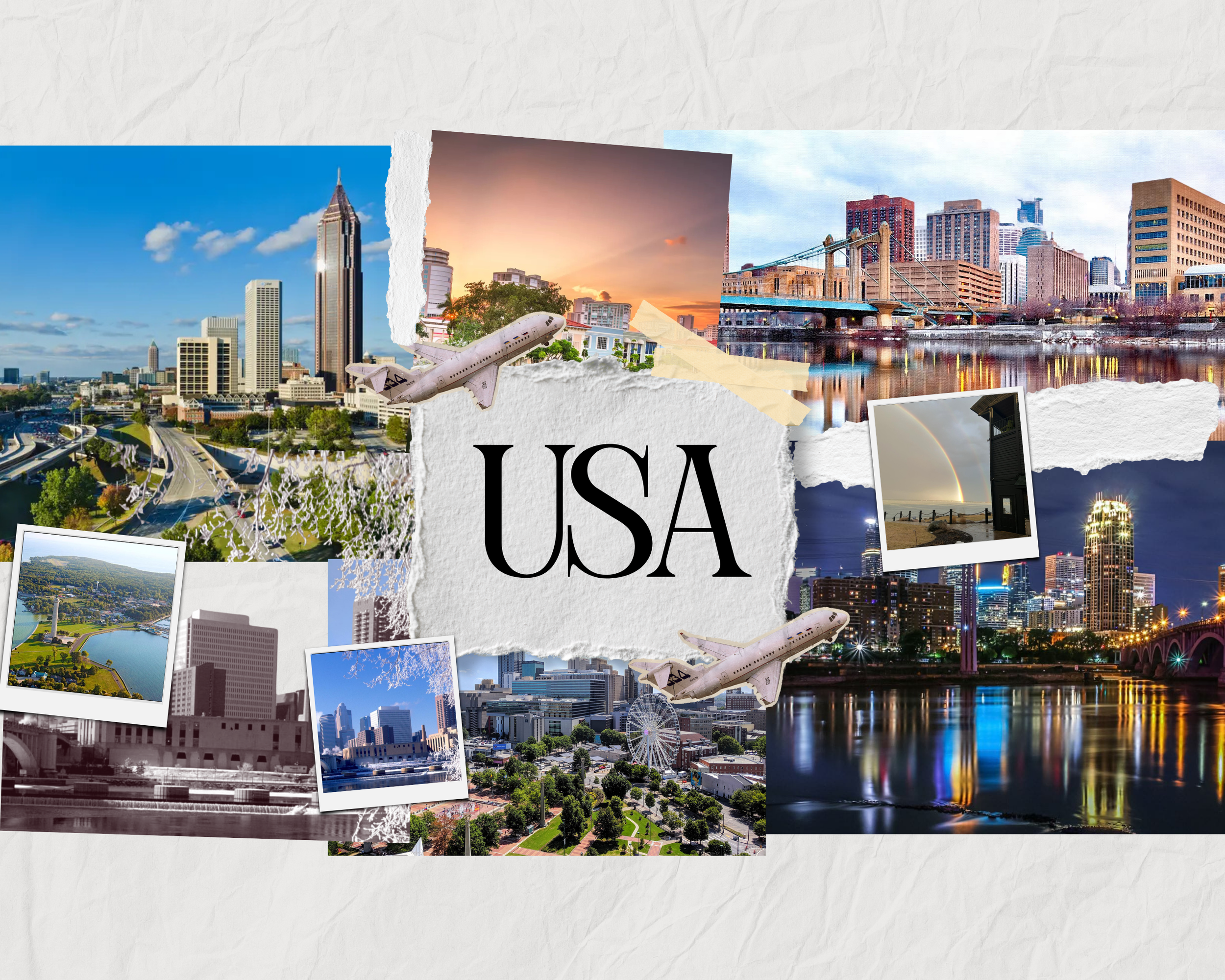 Collage of iconic landmarks and cityscapes of the USA, including skyscrapers, bridges, a ferris wheel, and scenery like rainbows and the ocean, with the word "USA" in the center.