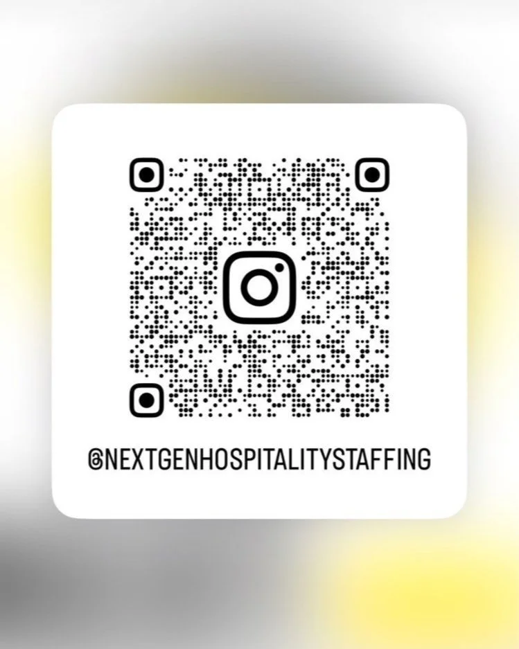 A QR code with the Instagram handle '@NEXTGENHOSPITALITYSTAFFING' printed below it.