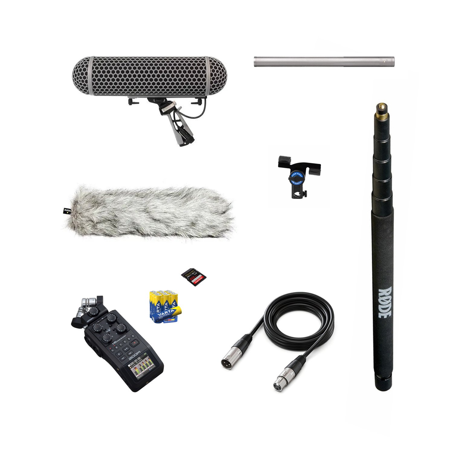 Optagelsesudstyr, inklusive mikrofon, mikrofonstativ, lydoptagelses enheder, forlængerledning, skruelås, xlr-kabel, fluff dække, SD-kort og batterier.