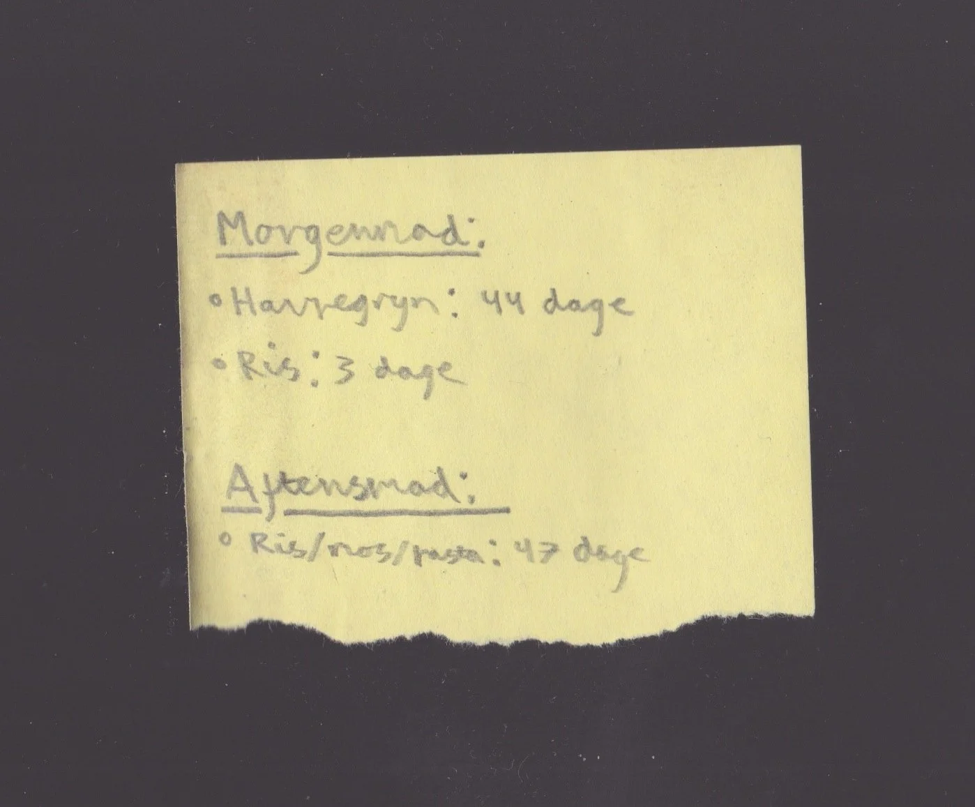 Hvid post-it note med håndskrevet tekst om madplaner, sat på en sort overflade | Research | Filmproduktion Aarhus | GESTALT