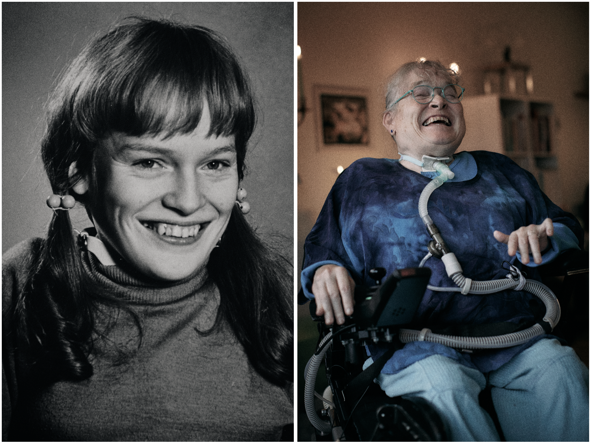 En glad ældre kvinde med gråt hår og briller, iført blåt tøj ved siden af hendes ungdomsbillede | Dokumentarfilm | Stemmer fra sær- og åndssvageforsorgen | Anders Mielcke Grønbæk | GESTALT