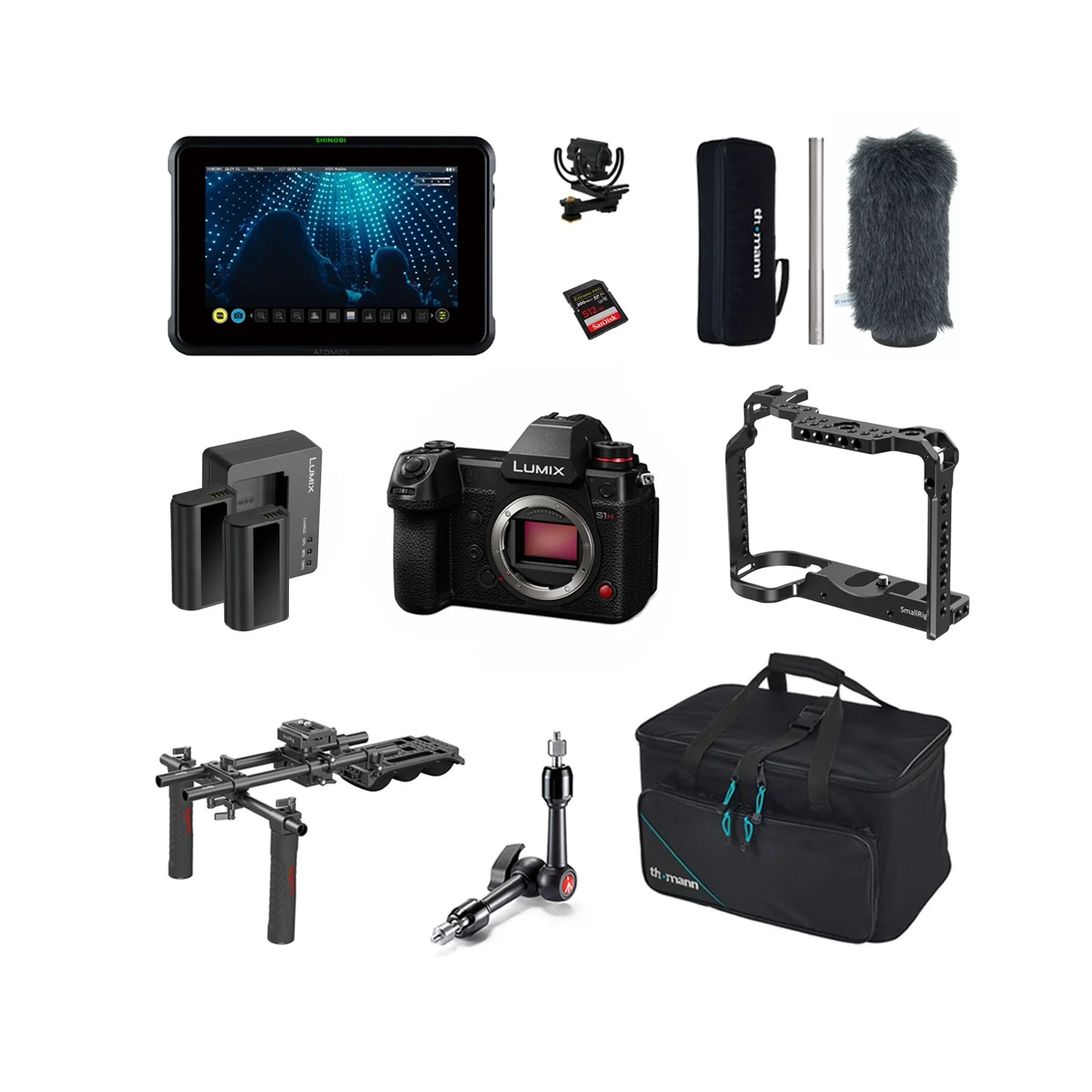 Fotoudstyr inklusive kamera, computer, batterier, hukommelseskort, mikrofon, rig, stativ, taske og tilbehør til videoproduktion.