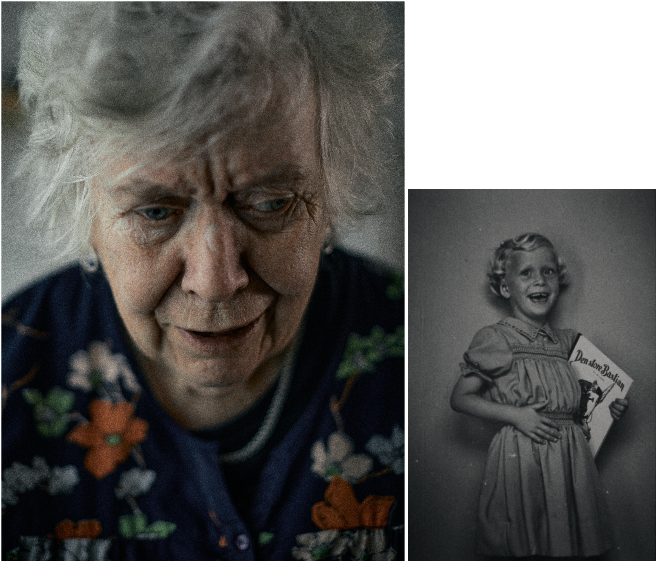 Et farverigt fotografi af en ældre kvinde med gråt hår, iført en trøje med blomsterprint. En sort-hvid fotografi af en ung pige med krøllet, kort blond hår der smiler | Dokumentarfilm | Stemmer fra sær- og åndssvageforsorgen | Anders Mielcke Grønbæk 