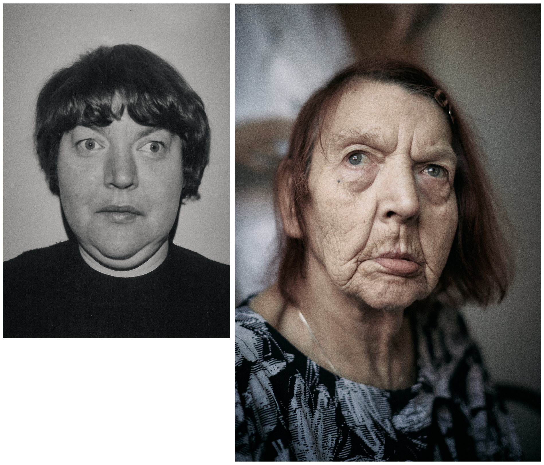 Billede til venstre af en ung kvinde med mørkt, bølget hår. Billede til højre af en ældre kvinde med rødbrunt hår, der har et alvorligt udtryk | Dokumentarfilm | Stemmer fra sær- og åndssvageforsorgen | Anders Mielcke Grønbæk | GESTALT 