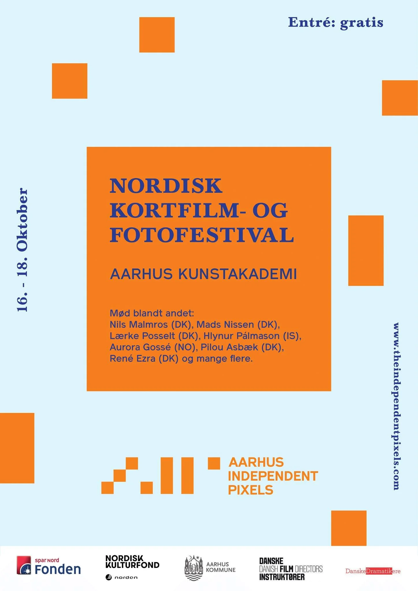 Plakat for Nordisk Kortfilm- og Fotofestival i Aarhus KUNSTAKADEMI med dato 16. - 18. Oktober og gratis entré | Aarhus Independent Pixels | Eventproduktion | Filmproduktion Aarhus | GESTALT