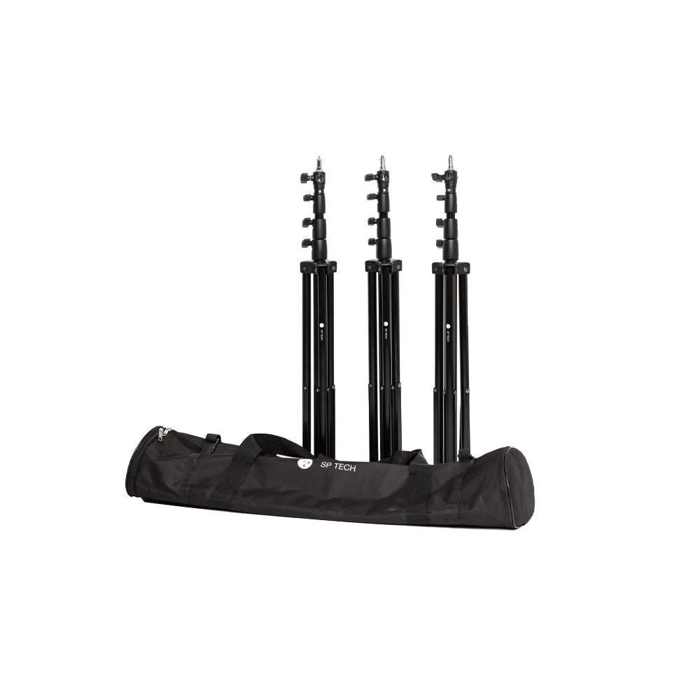 Tre sorte kamera stativer med taske.