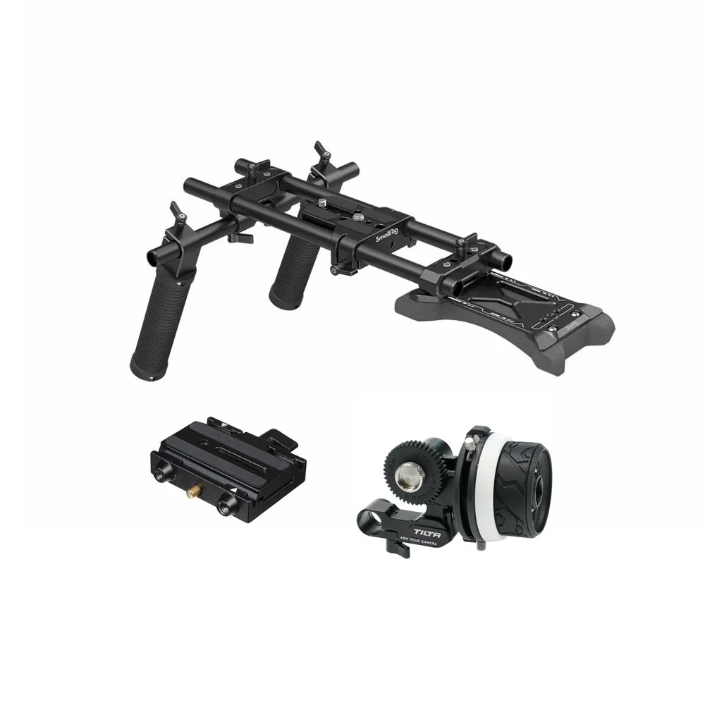 Fotoutstyr bestående af en kamera stabilisator, en elektronisk lukkerkontrol, og en objektivadapter.