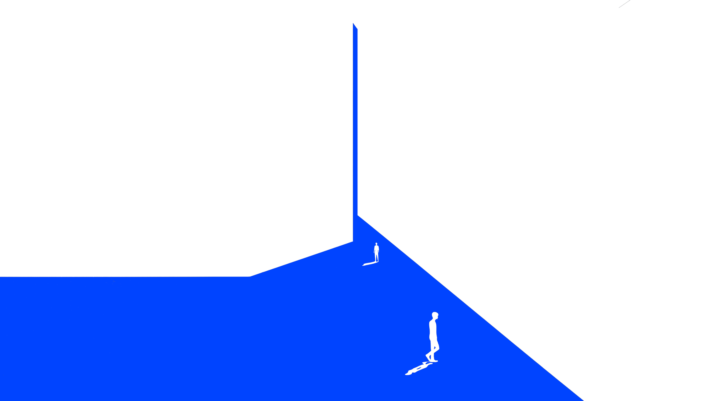 Et minimalistisk billede med to hvide silhuet af mennesker står på en blå overflade. Der er en høj, blå væg, der deler billedet, med en hvid baggrund. Der er tydelige skygger af personerne på gulvet.