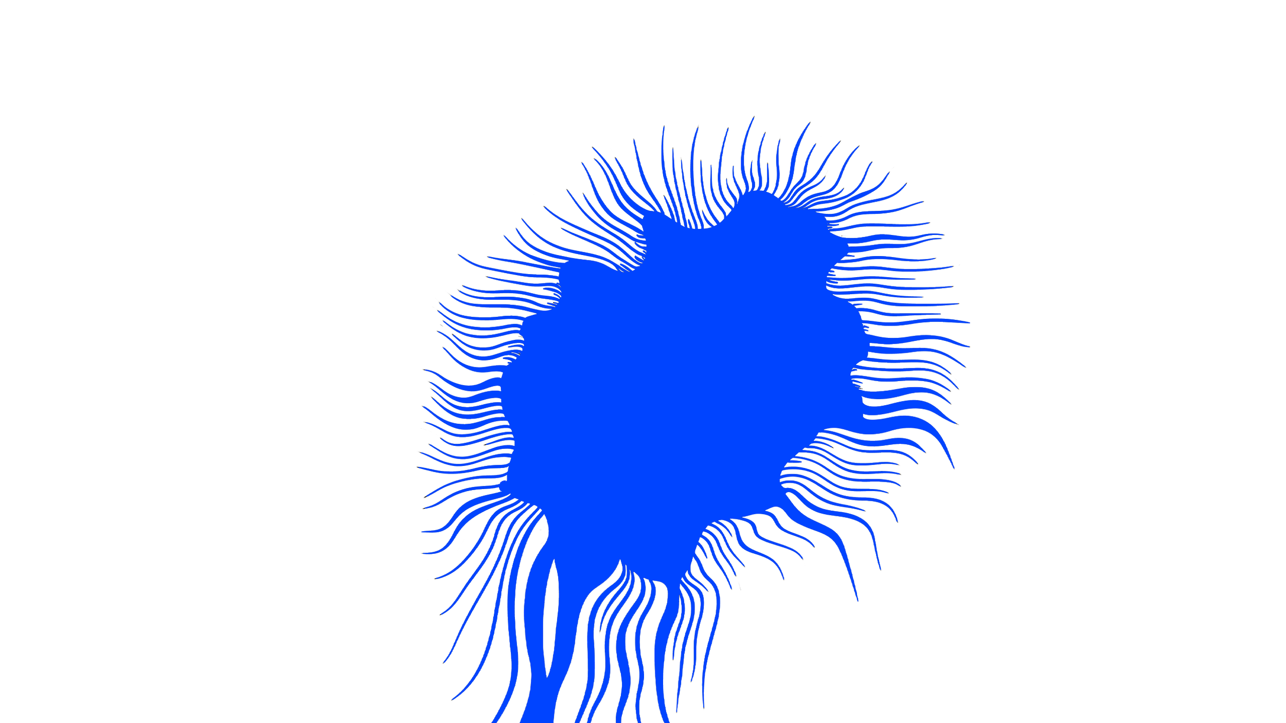 Blåt abstrakt mønster med spidse linjer, der udspringer fra en central form på hvid baggrund.