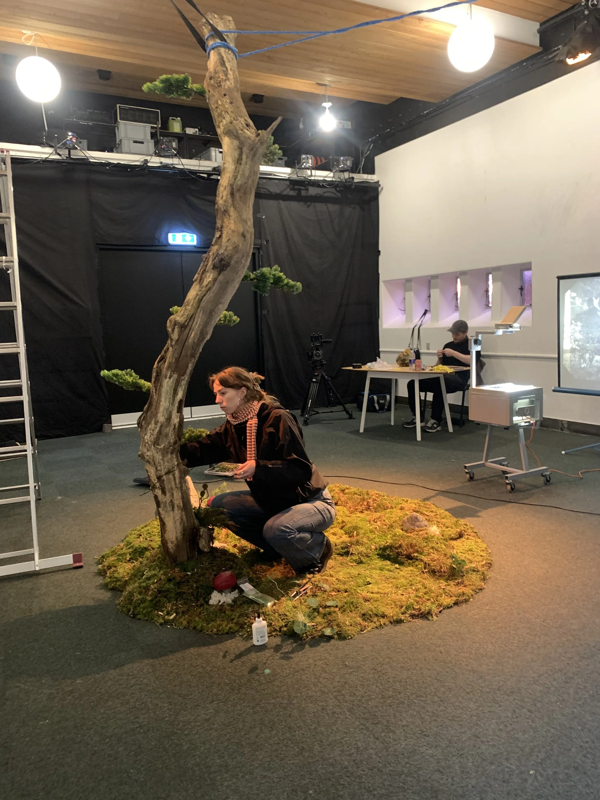 En person arbejder med en model af et træ, som er placeret på en mosbeklædt platform, midt i et filmstudie | Dokumentarfilm | Retrograd | Esben Persson & Anders Mielcke | Filmproduktion Aarhus | GESTALT