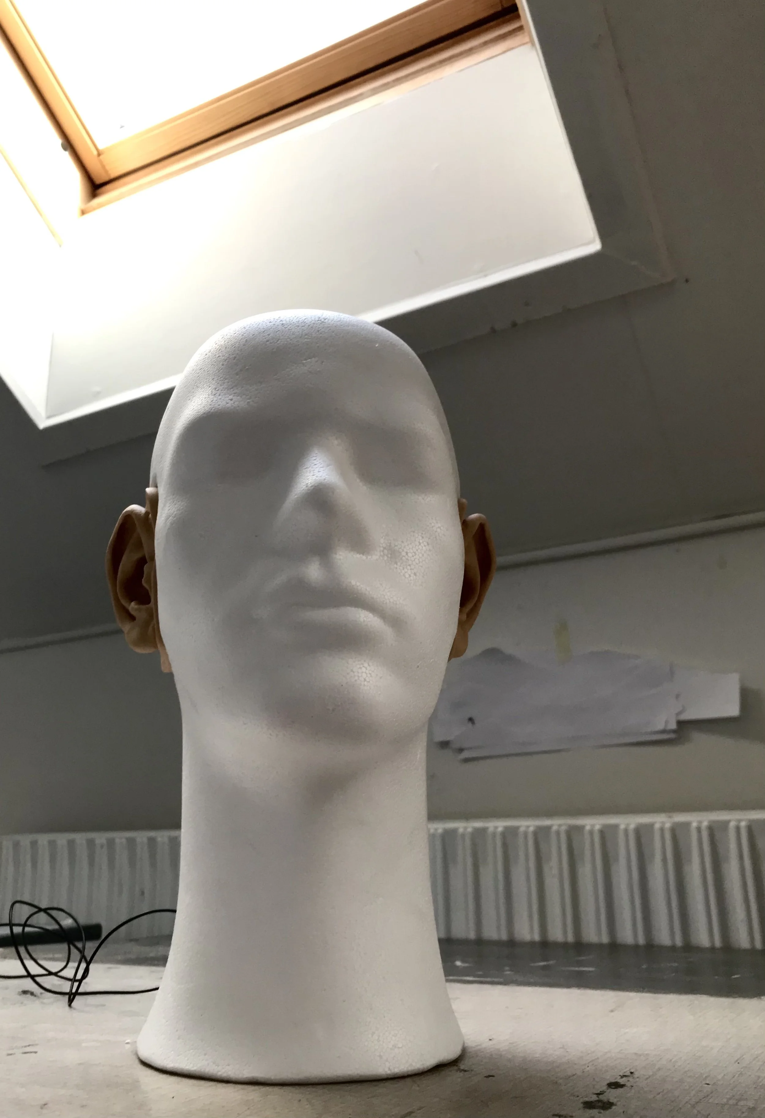 Et hvidt flamingohoved med en udskæring til øre, hvor der er påsat en mikrofon med ledning til binaurale optagelser | Kortfilm | Wild Wild Vesløs | Esben Persson | Filmproduktion Aarhus | GESTALT