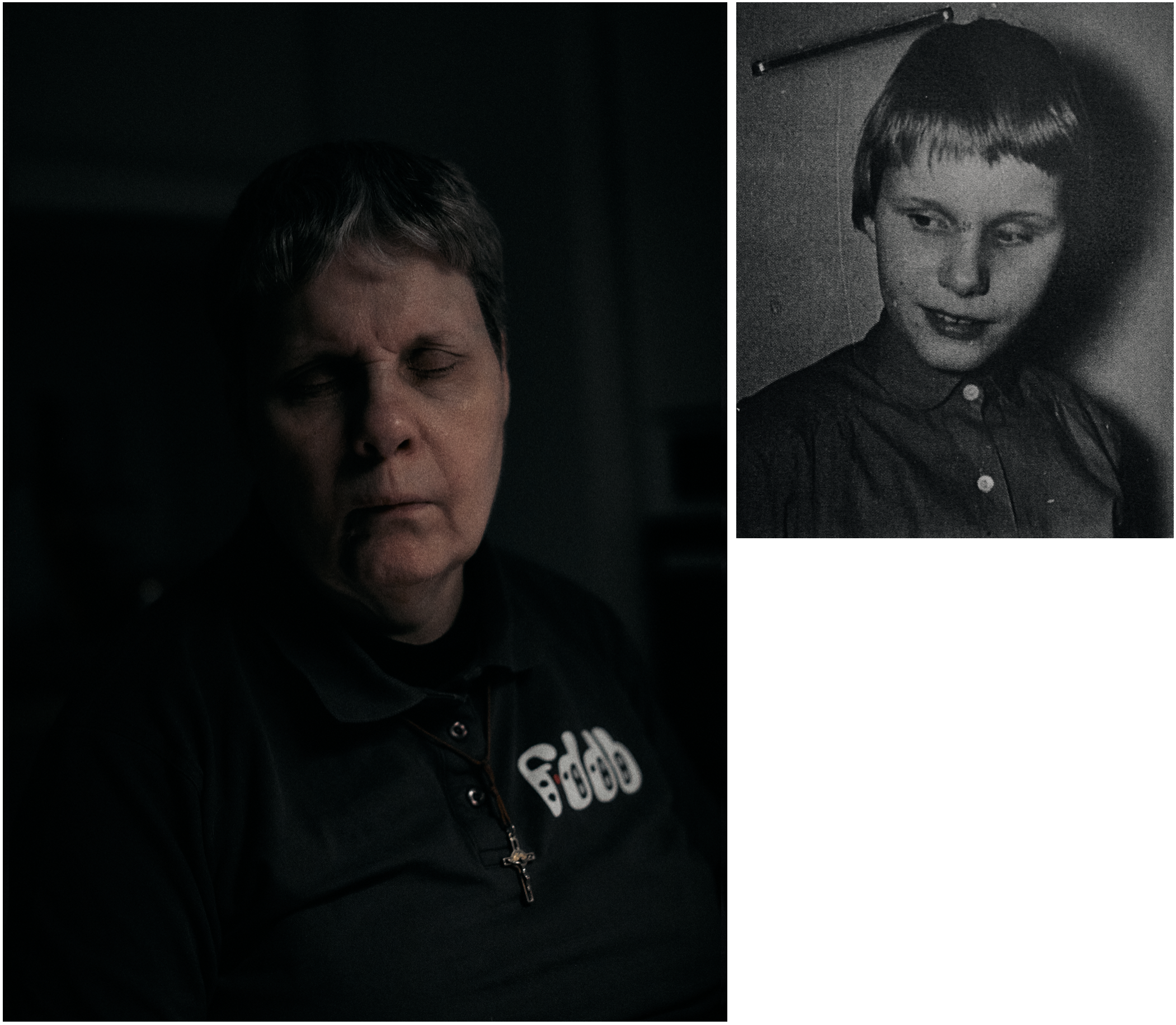 Billedet viser en ældre blind kvinde med lukkede øjne, med et kors om halsen, samt en sort-hvid vintage foto af en ung pige med kort hår, der ser til højre | Dokumentarfilm | Stemmer fra sær- og åndssvageforsorgen | Anders Mielcke Grønbæk | GESTALT