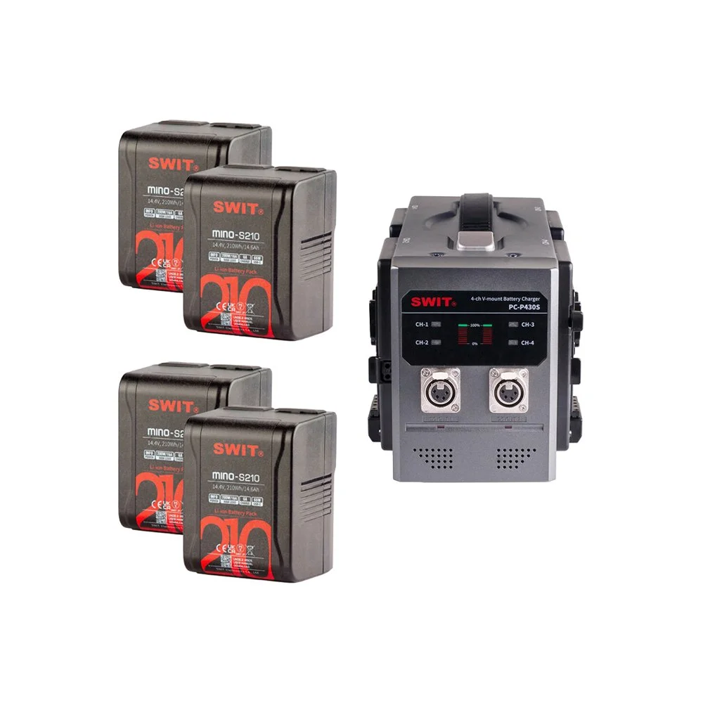 Billedet viser fire batterier og en oplader.