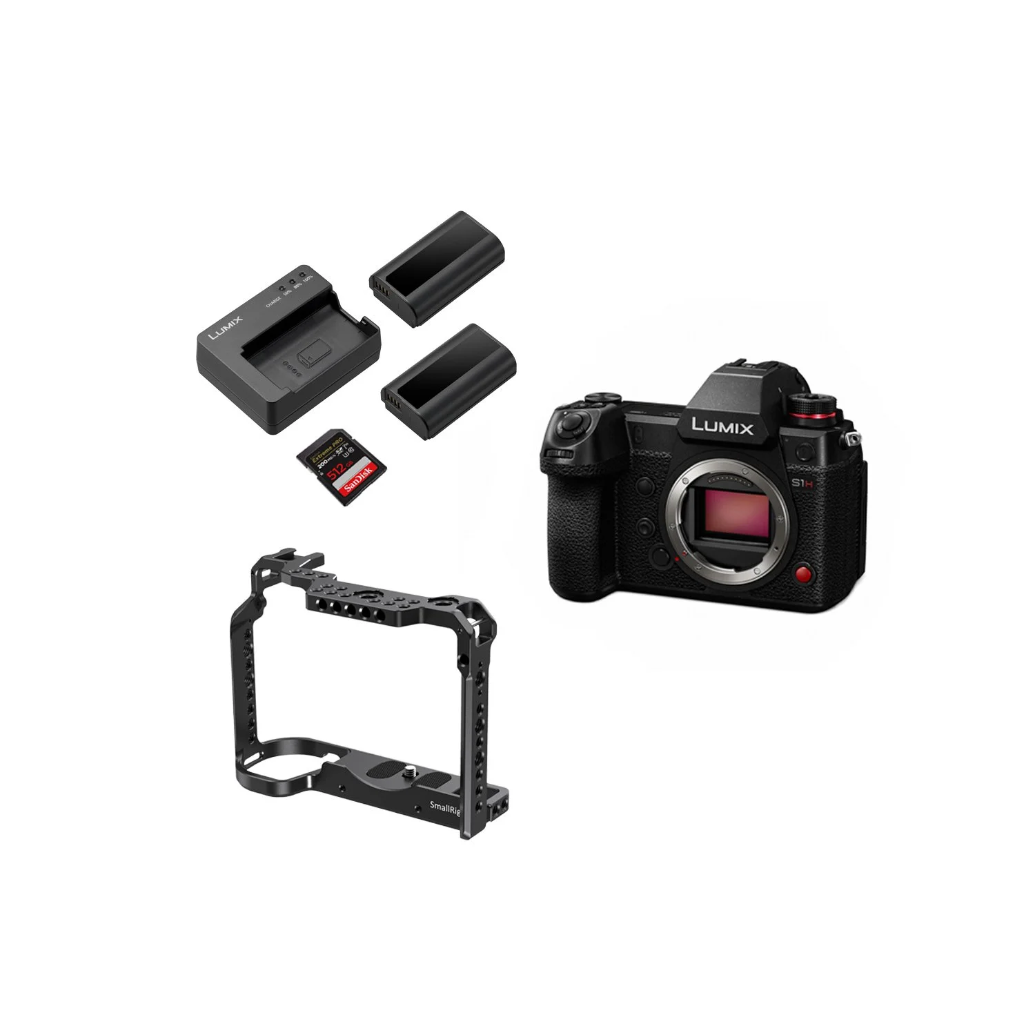 Et kameraudstyrssæt med et spejlreflekskamera, en kameraramme, to batterier, en oplader, et SD-hukommelseskort og en fugleperspektiv i baggrunden.